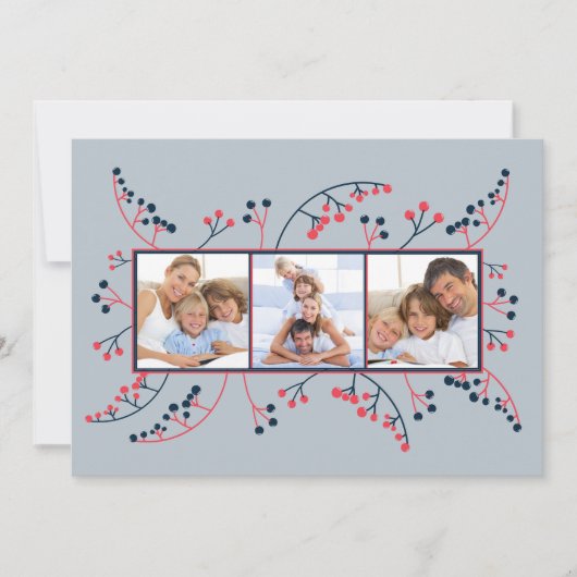 赤いモダンブルーベリー写真フラットクリスマス シーズンカード (正面)