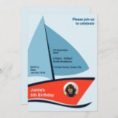 赤いモダンボート6th誕生日パーティー招待カード 招待状 (正面/裏面)