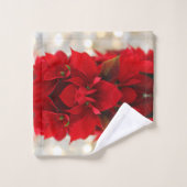 赤いモダンポインセチアとホワイトライトのストライプ バスタオルセット (ウォッシュタオル)