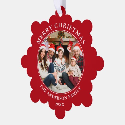 赤いモダンメリークリスマス写真 オーナメントカード (左)