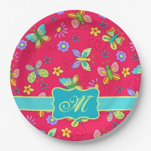 赤いモダンモノグラムの上のウィムシーな蝶 ペーパープレート (正面)