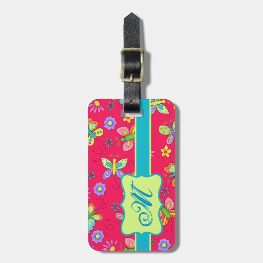 赤いモダンモノグラムの上のウィムシー蝶パーソナル ラゲッジタグ (正面縦)