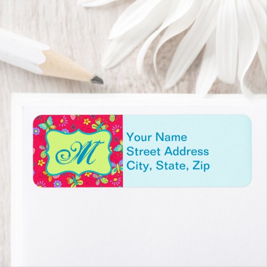 赤いモダンモノグラムの上のウィムシー蝶パーソナル ラベル (インサイチュ)