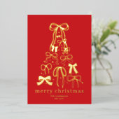 赤いモダンリボンツリークリスマスフォト金ゴールド 箔シーズンカード (立ち正面)