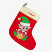 赤いモダン上の可愛いクリスマス小妖精や小人&ギフトボックス ラージクリスマスストッキング (正面 (吊り時))