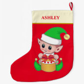 赤いモダン上の可愛いクリスマス小妖精や小人&ギフトボックス ラージクリスマスストッキング (裏面)