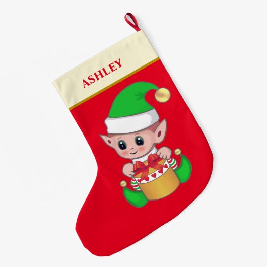 赤いモダン上の可愛いクリスマス小妖精や小人&ギフトボックス ラージクリスマスストッキング (裏面 (吊り時))