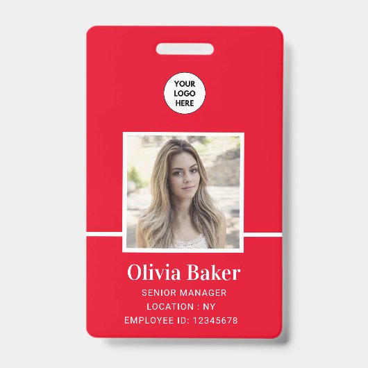 赤いモダン会社名タイトル従業員の写真ID バッジ (Front)