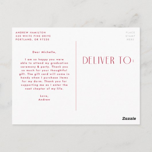 赤いモダン写真の卒業ありがとう ポストカード (裏面)