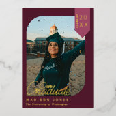 赤いモダン写真の卒業記念の挨拶 箔招待状 (正面)