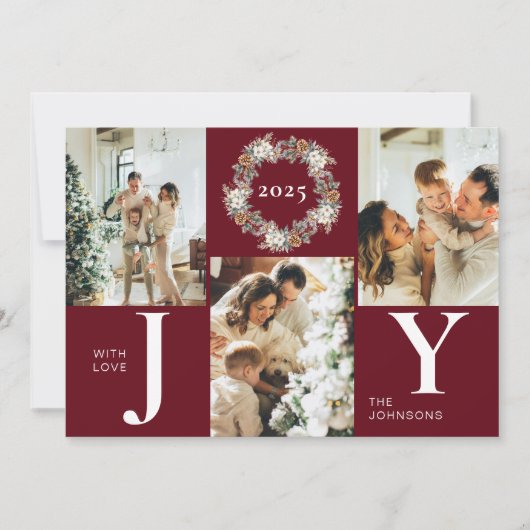 赤いモダン写真スタイリッシュコラージュJoyクリスマス シーズンカード (正面)