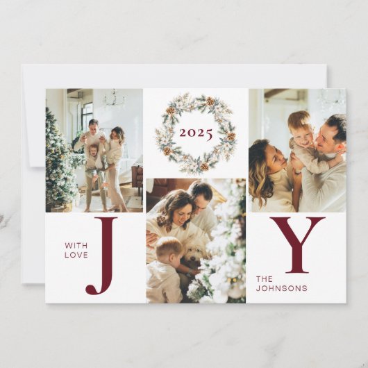 赤いモダン写真スタイリッシュコラージュJoyクリスマス シーズンカード (正面)