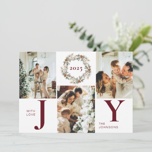 赤いモダン写真スタイリッシュコラージュJoyクリスマス シーズンカード (スタンド正面)