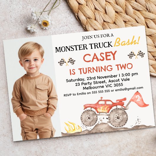 赤いモダン写真モンスタートラックバッシュ誕生日 招待状