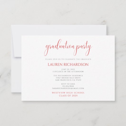 赤いモダン卒業パーティーの写真 招待状 (裏面)