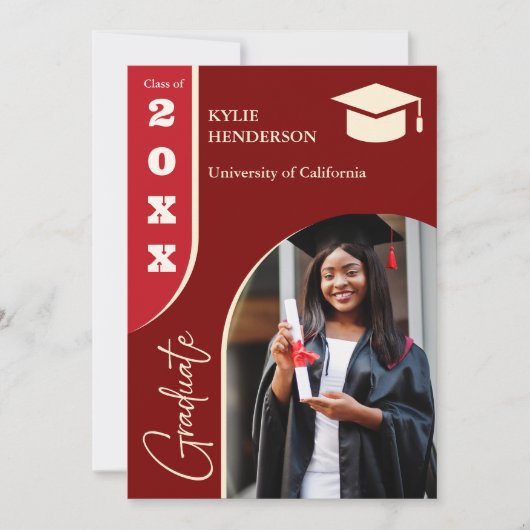 赤いモダン卒業写真 招待状 (正面)