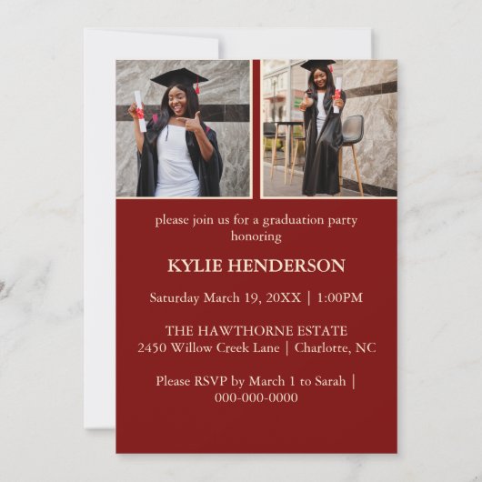 赤いモダン卒業写真 招待状 (裏面)