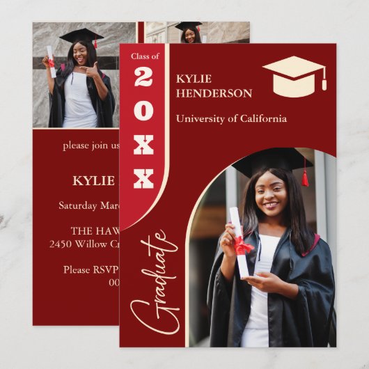 赤いモダン卒業写真 招待状 (正面/裏面)