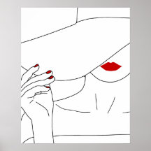 赤いモダン口紅のラインアートと帽子の女性