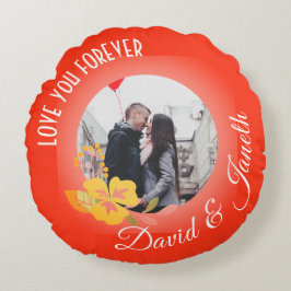 赤いモダン可愛い恋愛夫婦フォトバレンタイン ラウンドクッション