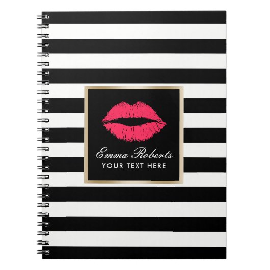 赤いモダン唇のエレガント白黒ストライプ ノートブック (正面)