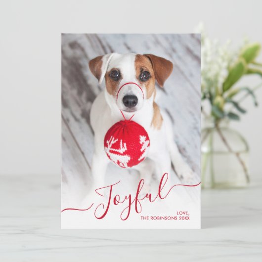 赤いモダン喜びのスクリプト2写真クリスマス シーズンカード (スタンド正面)