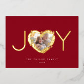 赤いモダン喜びクリスマスのハートリース写真 箔シーズンカード (正面)