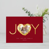 赤いモダン喜びクリスマスのハートリース写真 箔シーズンカード (立ち正面)