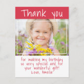 赤いモダン女の子フォト誕生日ありがとう ポストカード (正面)