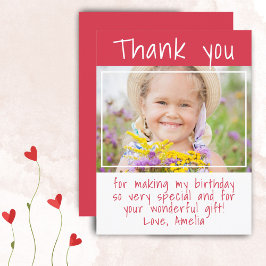 赤いモダン女の子フォト誕生日ありがとう ポストカード