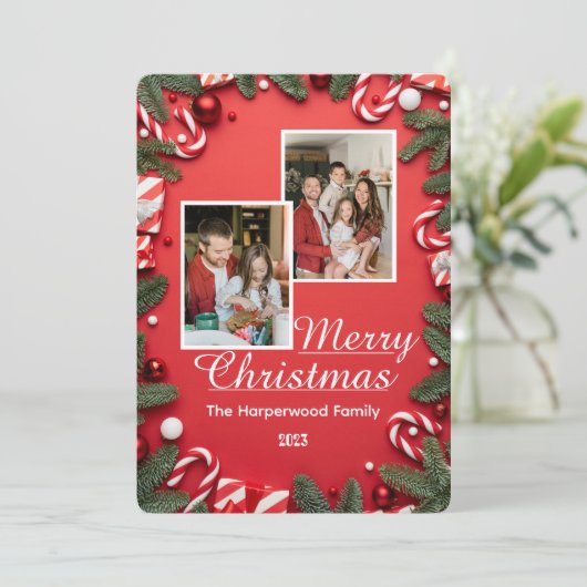 赤いモダン家族エレガントメリーのクリスマス写真 シーズンカード (スタンド正面)