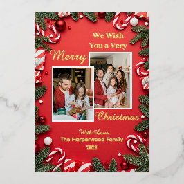 赤いモダン家族エレガントメリーのクリスマス写真 箔シーズンカード