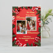 赤いモダン家族エレガントメリーのクリスマス写真 箔シーズンカード (立ち正面)