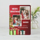 赤いモダン家族エレガントメリークリスマスフォト シーズンカード (スタンド正面)
