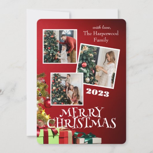 赤いモダン家族エレガントメリークリスマスフォト シーズンカード (正面)