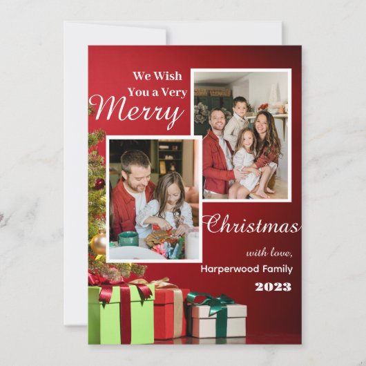赤いモダン家族エレガントメリークリスマスフォト シーズンカード (正面)