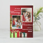 赤いモダン家族エレガントメリークリスマスフォト シーズンカード (スタンド正面)