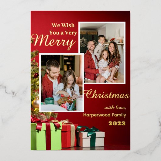 赤いモダン家族エレガントメリークリスマスフォト 箔シーズンカード (正面)