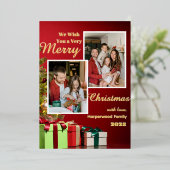赤いモダン家族エレガントメリークリスマスフォト 箔シーズンカード (立ち正面)