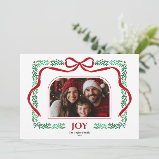 赤いモダン弓ジョイのクリスマスリボン写真フレーム 招待状 (スタンド正面)