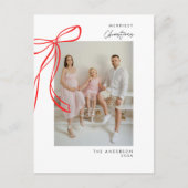 赤いモダン弓家族の写真クリスマスグリーティング ポストカード (正面)