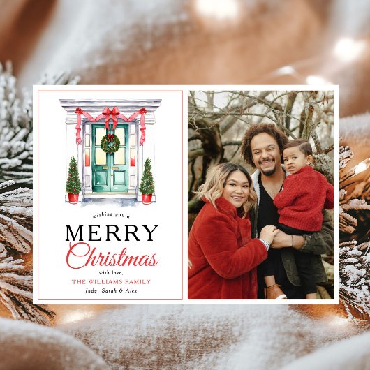 赤いモダン弓扉メリークリスマスフォト シーズンカード