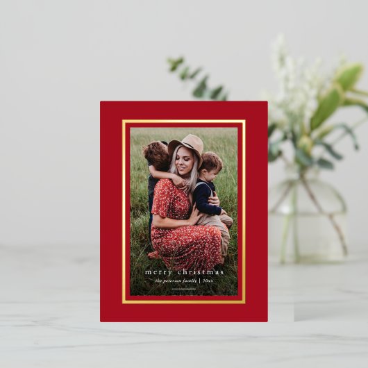 赤いモダン枠エレガントのシンプルクリスマス 箔シーズンポストカード (立ち正面)