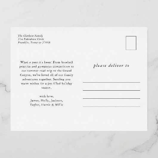 赤いモダン枠エレガントのシンプルクリスマス 箔シーズンポストカード (裏面)