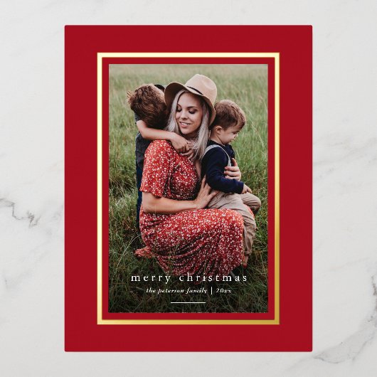 赤いモダン枠エレガントのシンプルクリスマス 箔シーズンポストカード (正面)