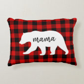 赤いモダン格子柄と白いママのクマの贈り物 アクセントクッション (正面)