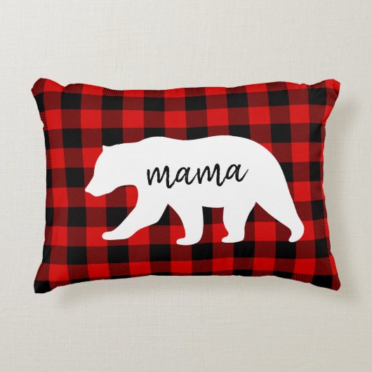 赤いモダン格子柄と白いママのクマの贈り物 アクセントクッション (正面)