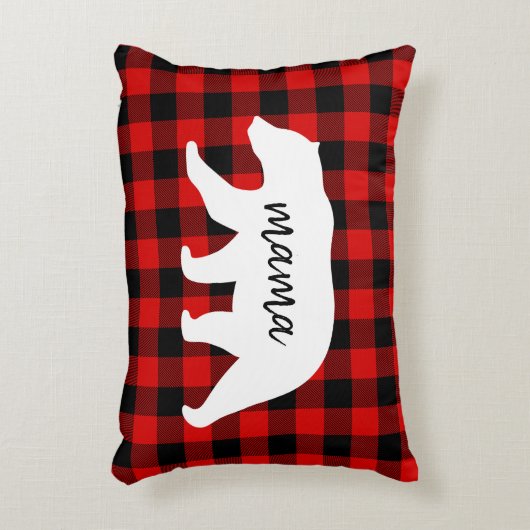 赤いモダン格子柄と白いママのクマの贈り物 アクセントクッション (正面(垂直))