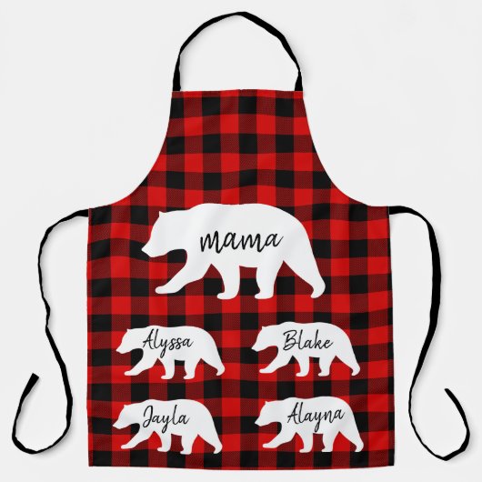赤いモダン格子柄と白いママのクマの贈り物 エプロン (正面)