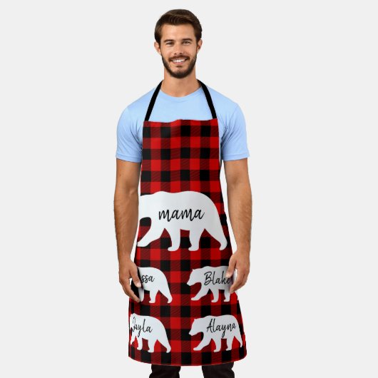 赤いモダン格子柄と白いママのクマの贈り物 エプロン (着用した状態)